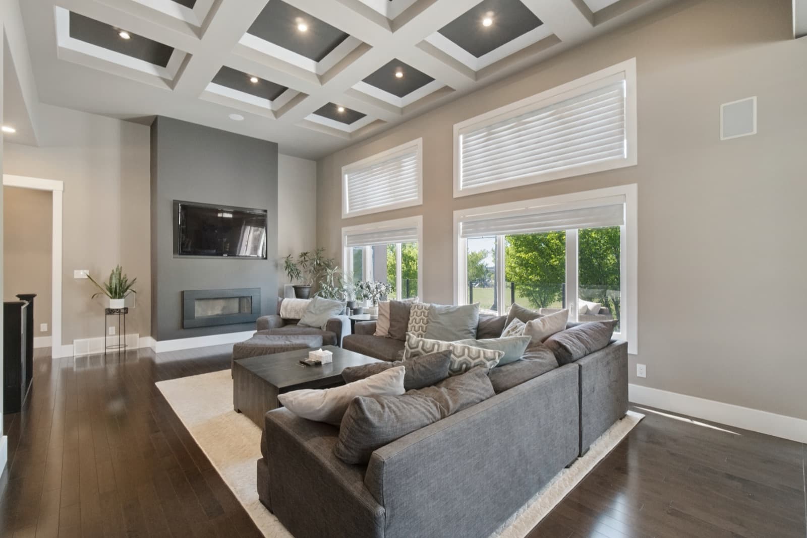 Living room under a coffered ceiling