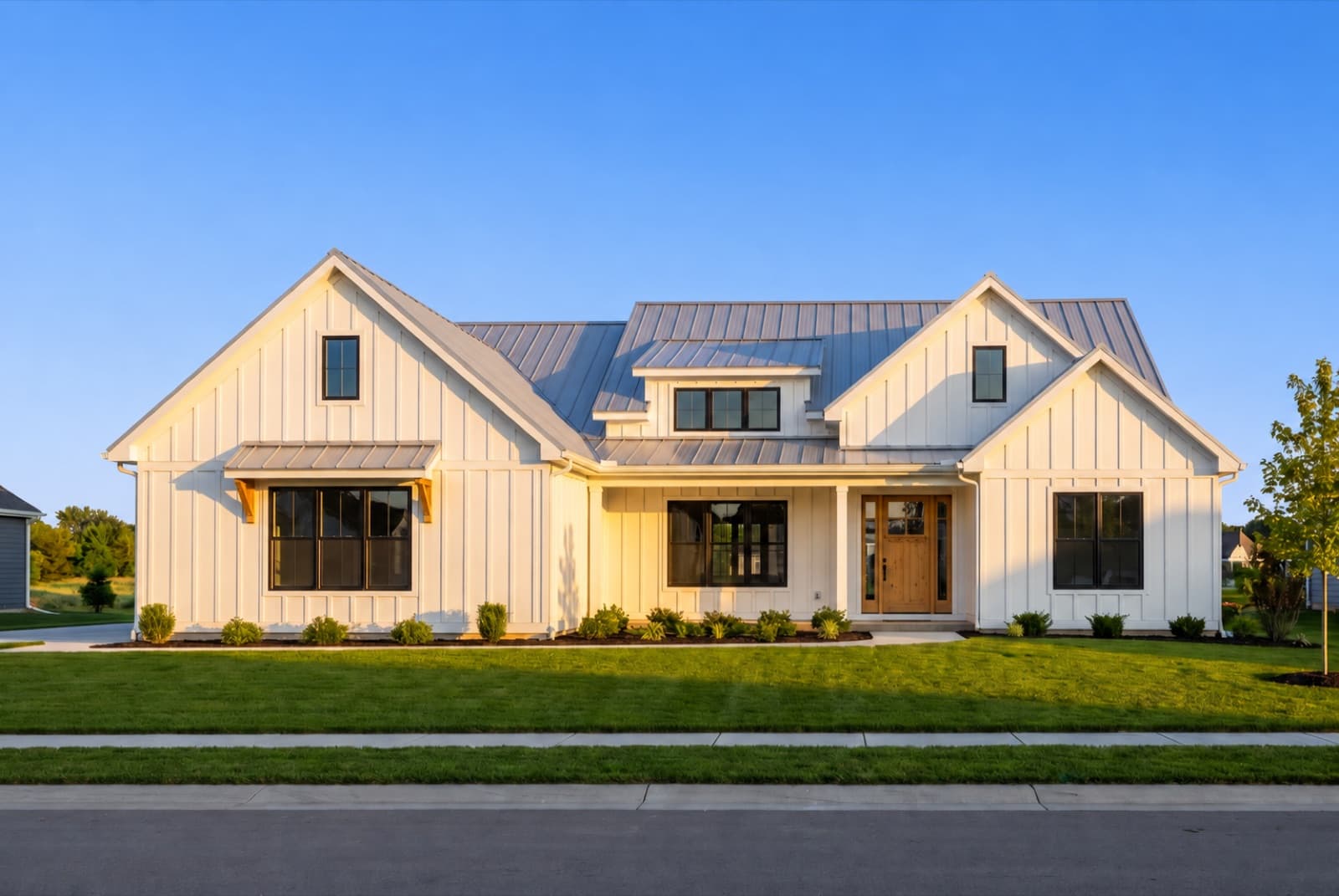 White farmhouse at dusk